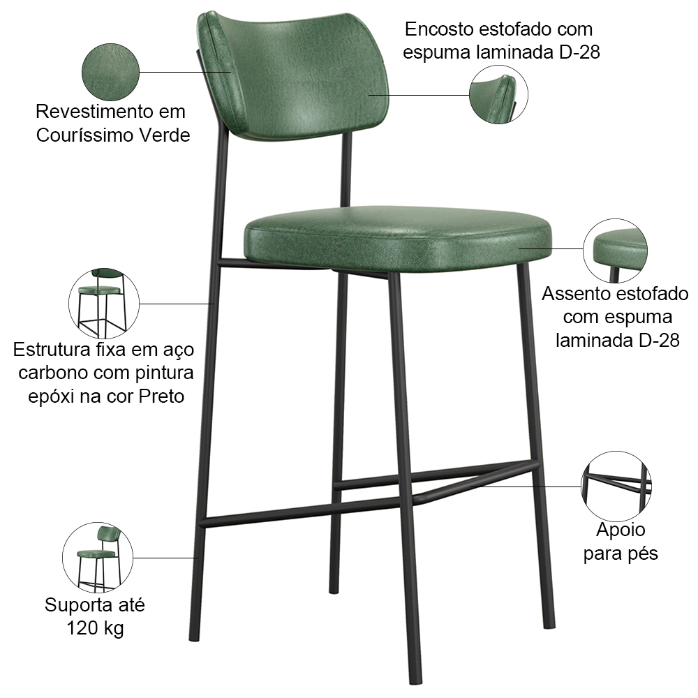 Kit 05 Banquetas Alta Bar Cozinha Sala De Jantar Preto Elira L02 Couríssimo Verde - Lyam Decor