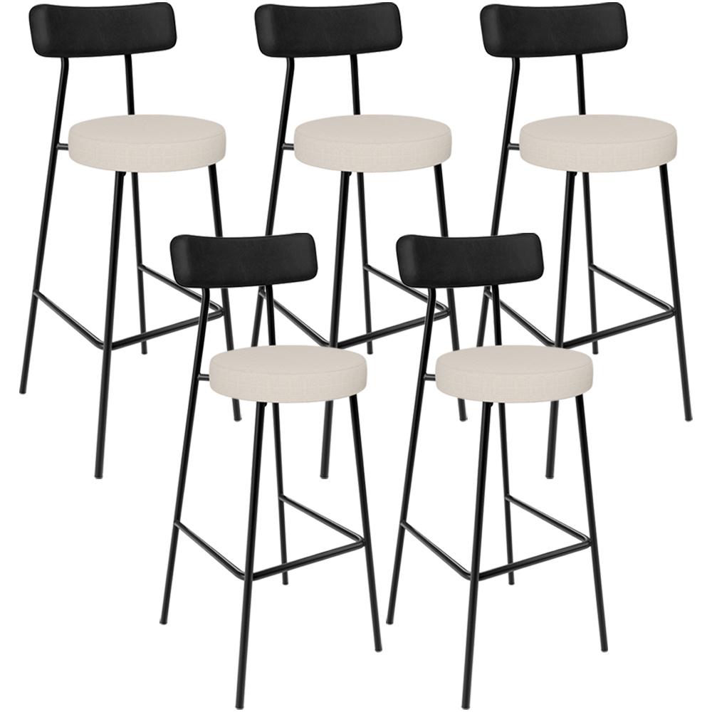 Kit 05 Banquetas Alta Cozinha Bar Sala De Jantar Milão L02 Couríssimo Preto Linho Cru - Lyam Decor