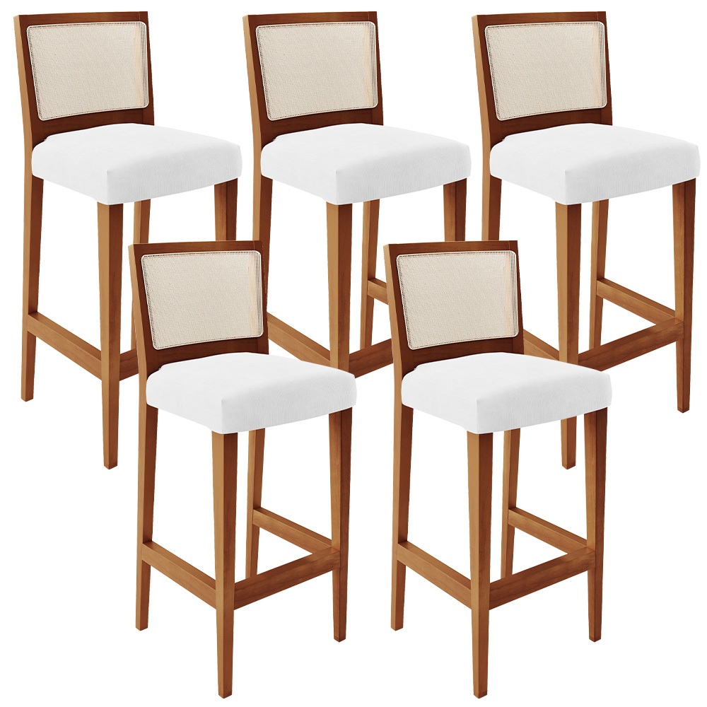 Kit 05 Banquetas Alta Cozinha Sala De Jantar Encosto Tela Branco Zion L02 Facto Branco - Lyam Decor