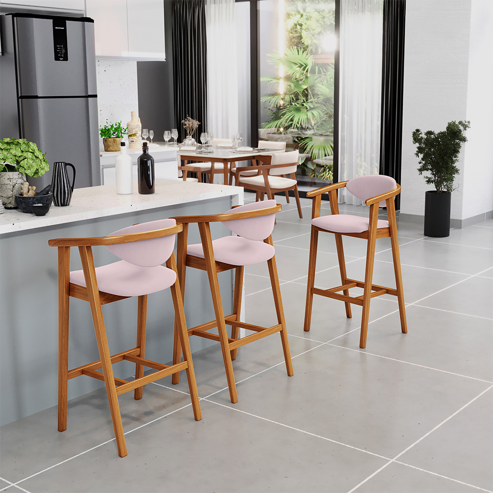 Kit 05 Banquetas Alta Para Cozinha Bancada Bar Sala de Jantar Fixa Cecília L02 Suede Rosê - Lyam
