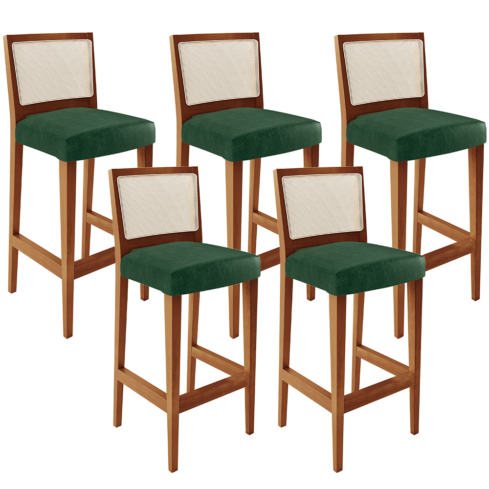 Kit 05 Banquetas Alta Para Cozinha Encosto em Tela Branco Zion L02 Facto Verde Musgo - Lyam Decor