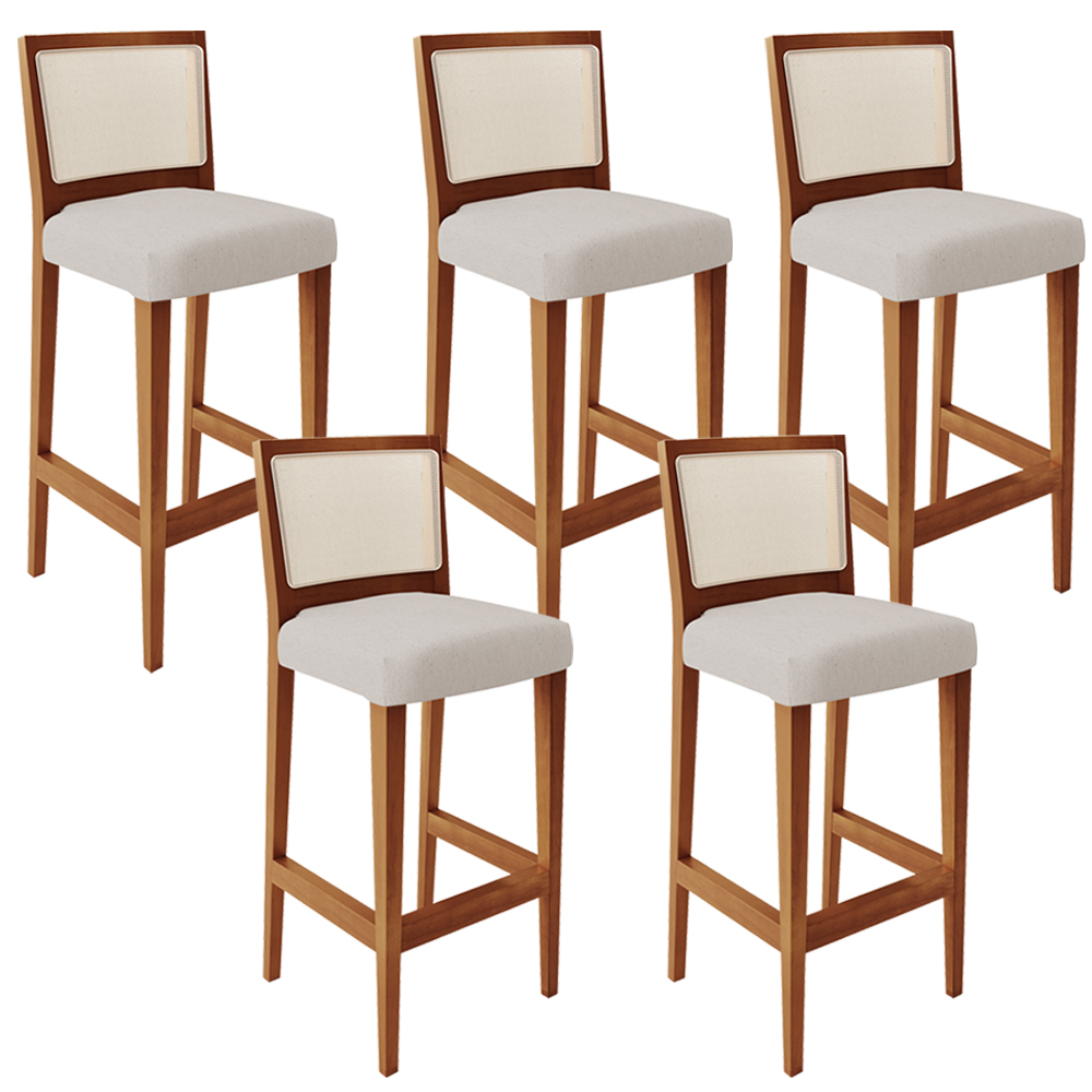 Kit 05 Banquetas Alta Para Cozinha Encosto em Tela Branco Zion L02 Linho Cru - Lyam Decor