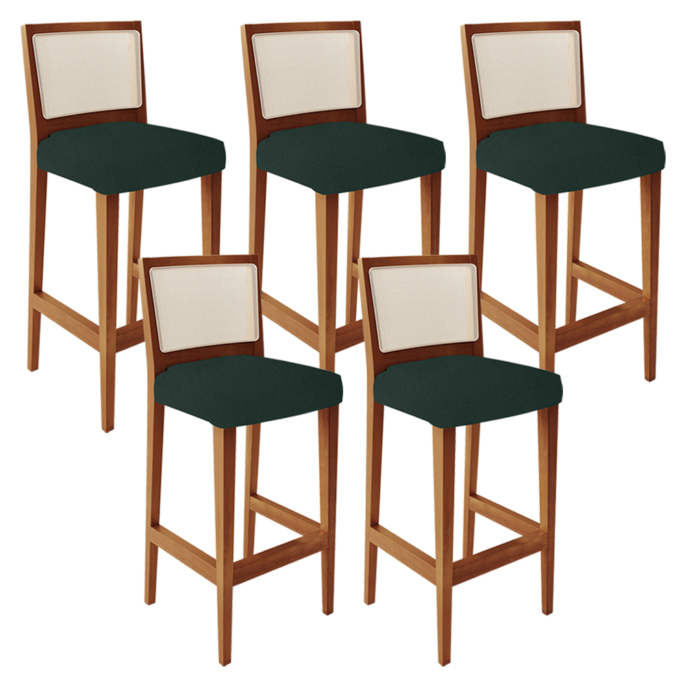 Kit 05 Banquetas Alta Para Cozinha Encosto em Tela Branco Zion L02 Linho Verde Musgo - Lyam Decor