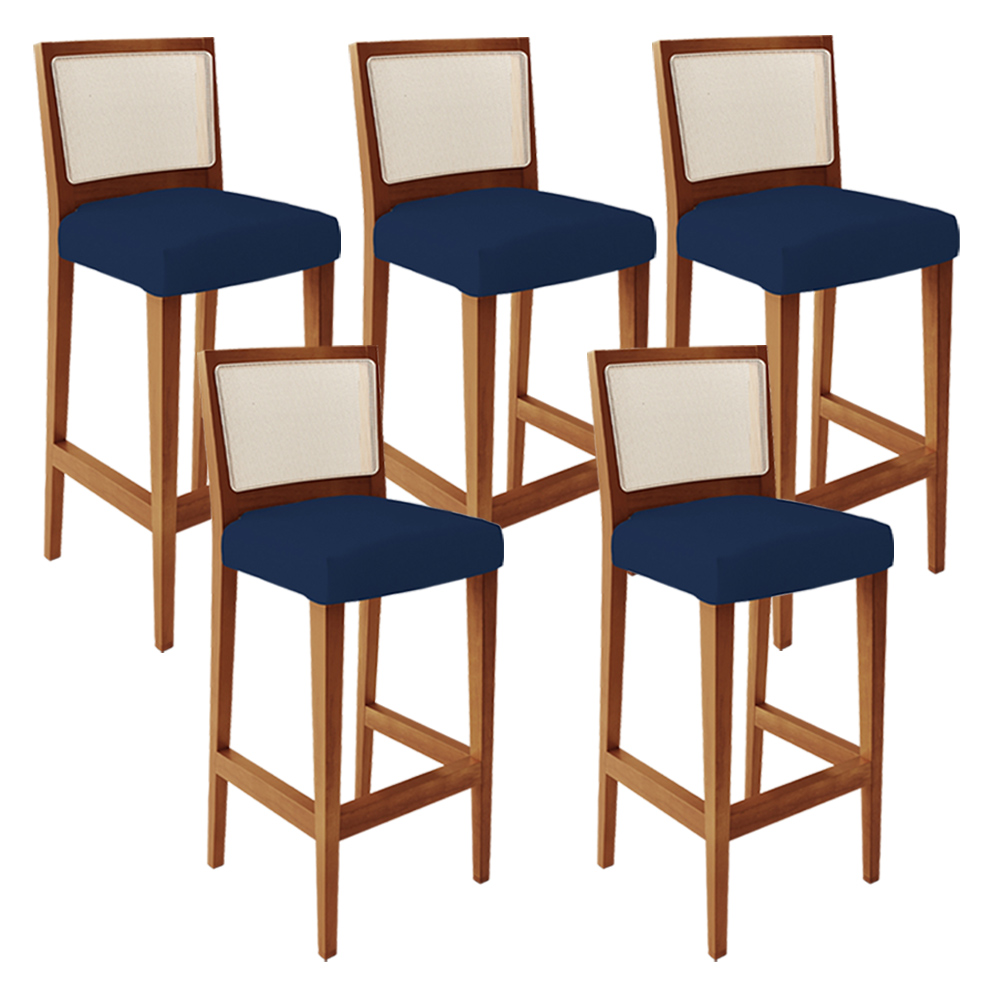 Kit 05 Banquetas Alta Para Cozinha Encosto em Tela Branco Zion L02 Suede Azul Marinho -Lyam Decor