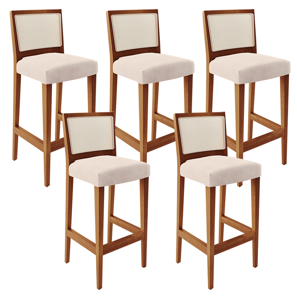 Kit 05 Banquetas Alta Para Cozinha Encosto em Tela Branco Zion L02 Suede Bege - Lyam Decor