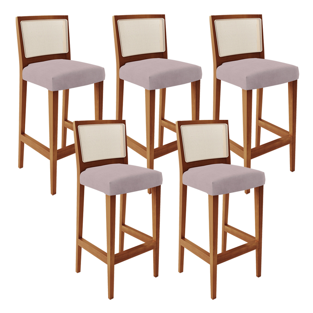 Kit 05 Banquetas Alta Para Cozinha Encosto em Tela Branco Zion L02 Suede Rosê - Lyam Decor