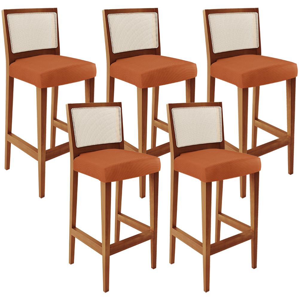Kit 05 Banquetas Alta Para Cozinha Encosto em Tela Branco Zion L02 Tecido Terracota - Lyam Decor