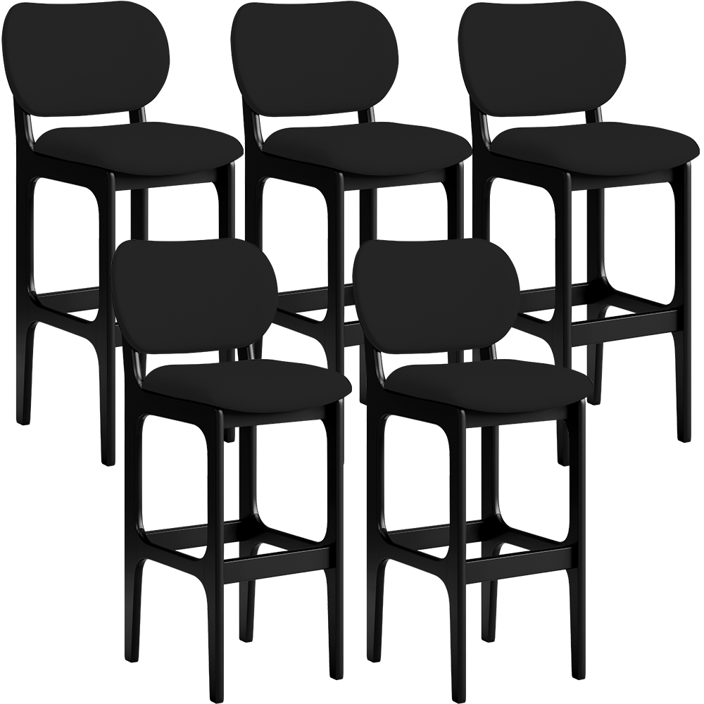 Kit 05 Banquetas Alta Para Cozinha Madeira Fixa Betta L02 Preto Facto Preto - Lyam Decor