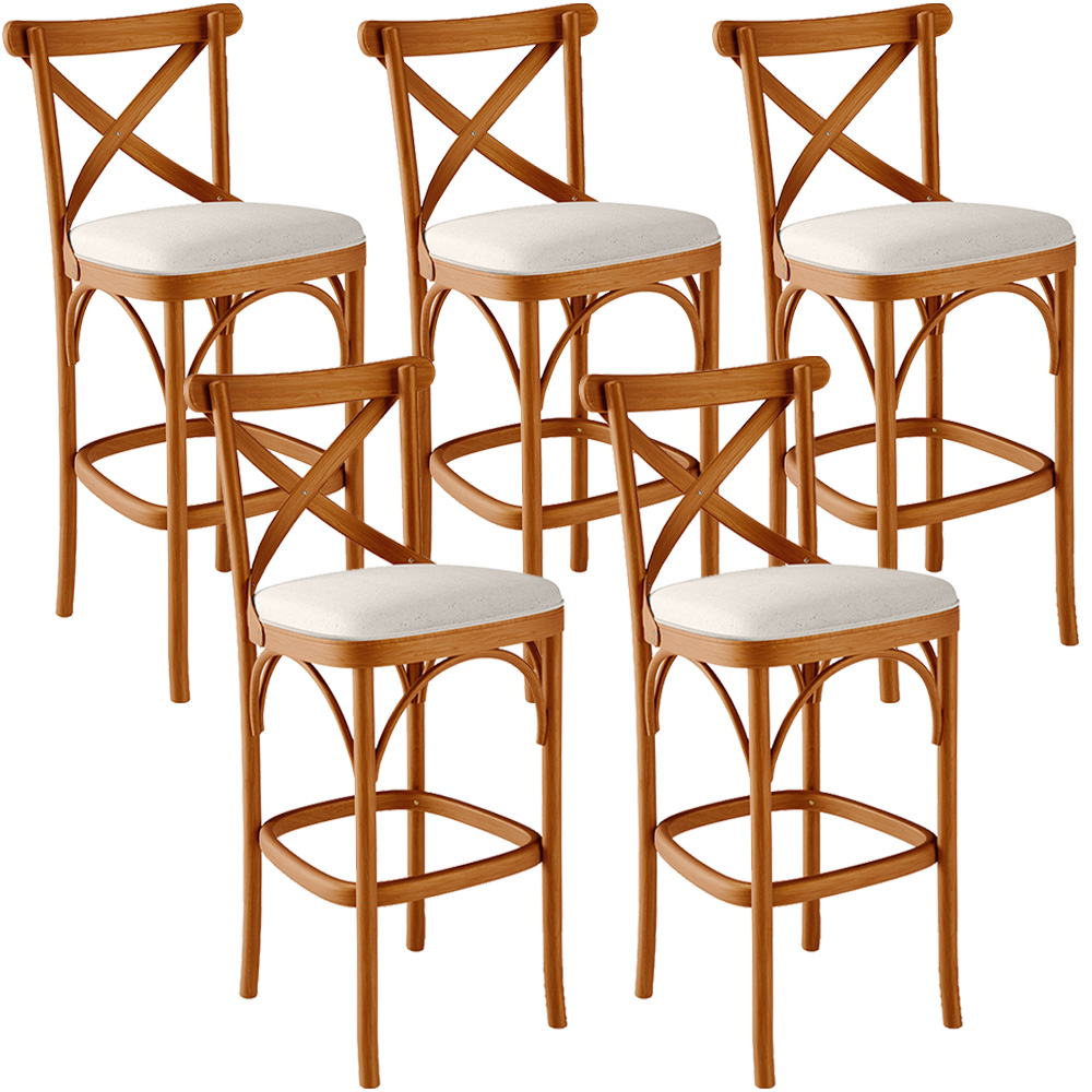 Kit 05 Banquetas Altas Cozinha Bancada Bar Sala de Jantar Estofada Ávila L02 Linho Cru - Lyam