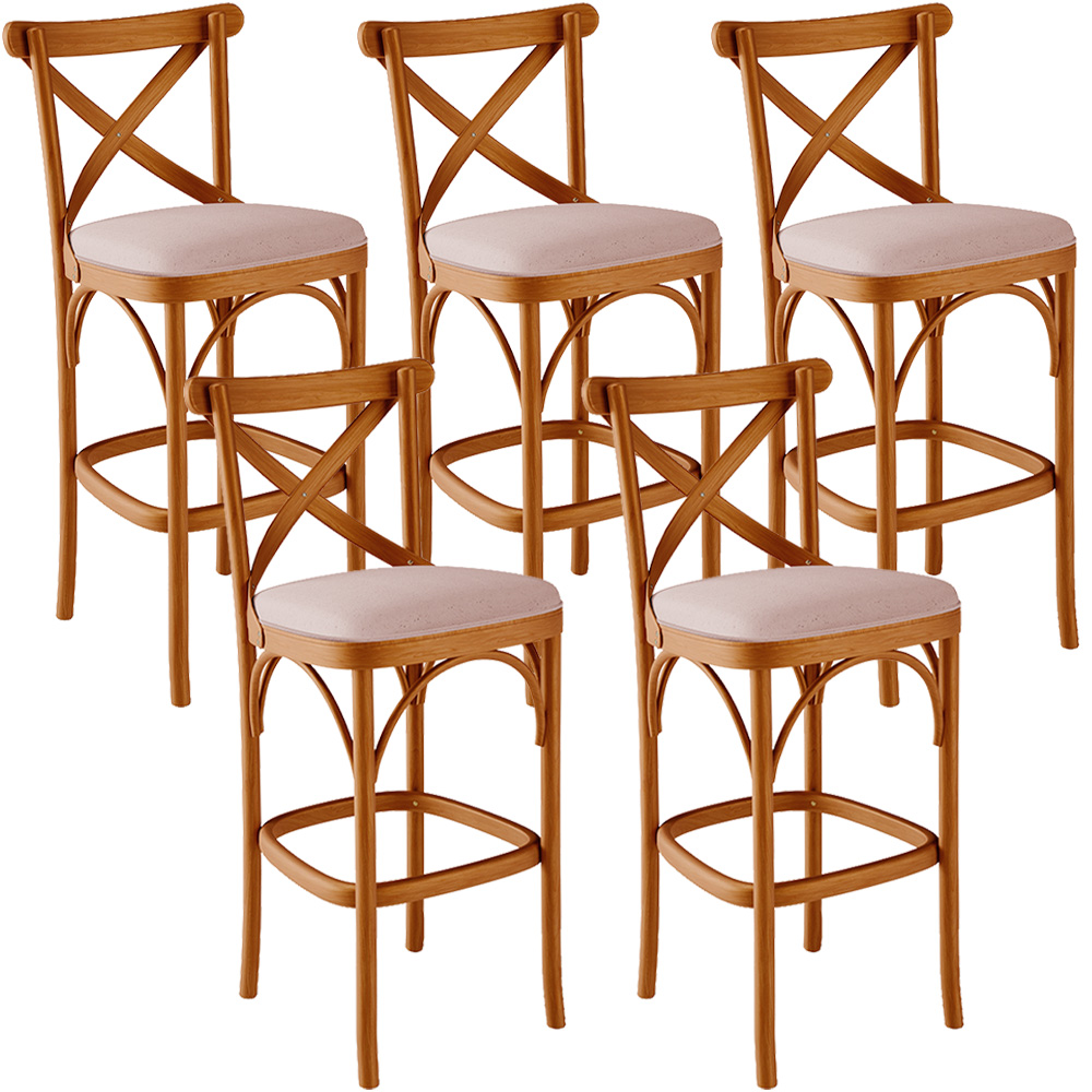 Kit 05 Banquetas Altas Cozinha Bancada Bar Sala de Jantar Estofada Ávila L02 Linho Rosê - Lyam