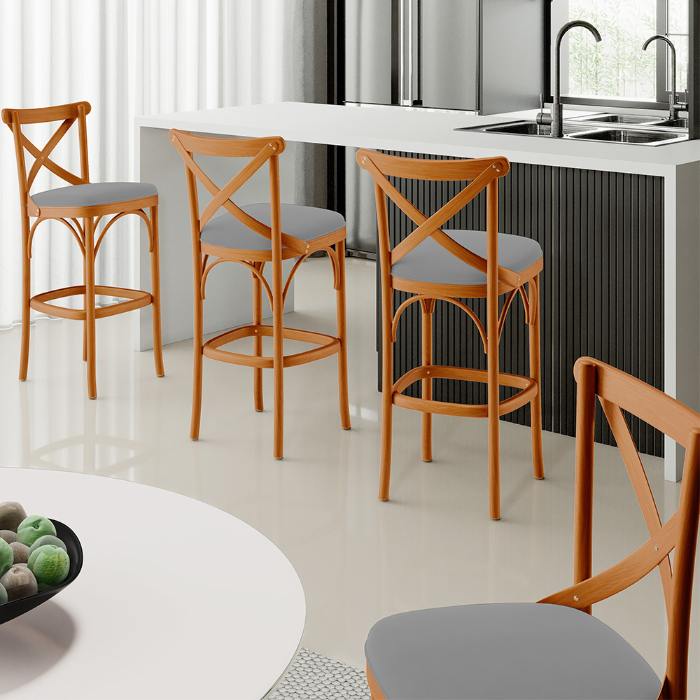 Kit 05 Banquetas Altas Cozinha Bancada Bar Sala de Jantar Estofada Ávila L02 Suede Cinza - Lyam