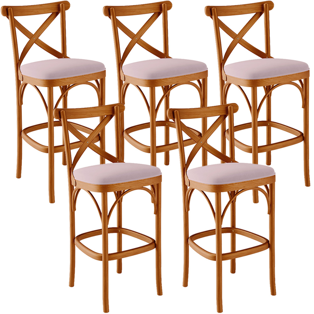 Kit 05 Banquetas Altas Cozinha Bancada Bar Sala de Jantar Estofada Ávila L02 Suede Rosê - Lyam