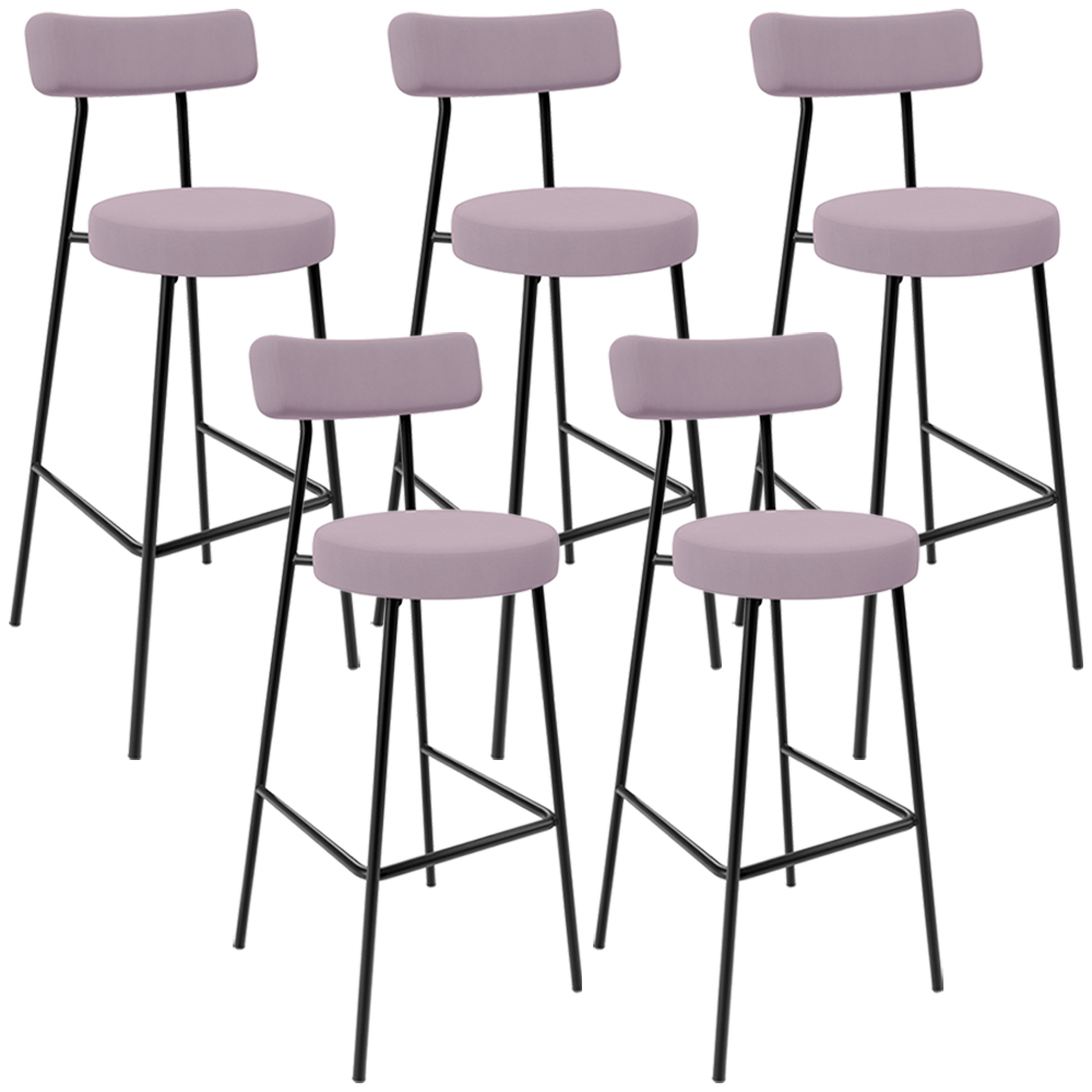 Kit 05 Banquetas Altas Cozinha Bar Sala De Jantar Em Aço Milão L02 Suede Rosê - Lyam Decor