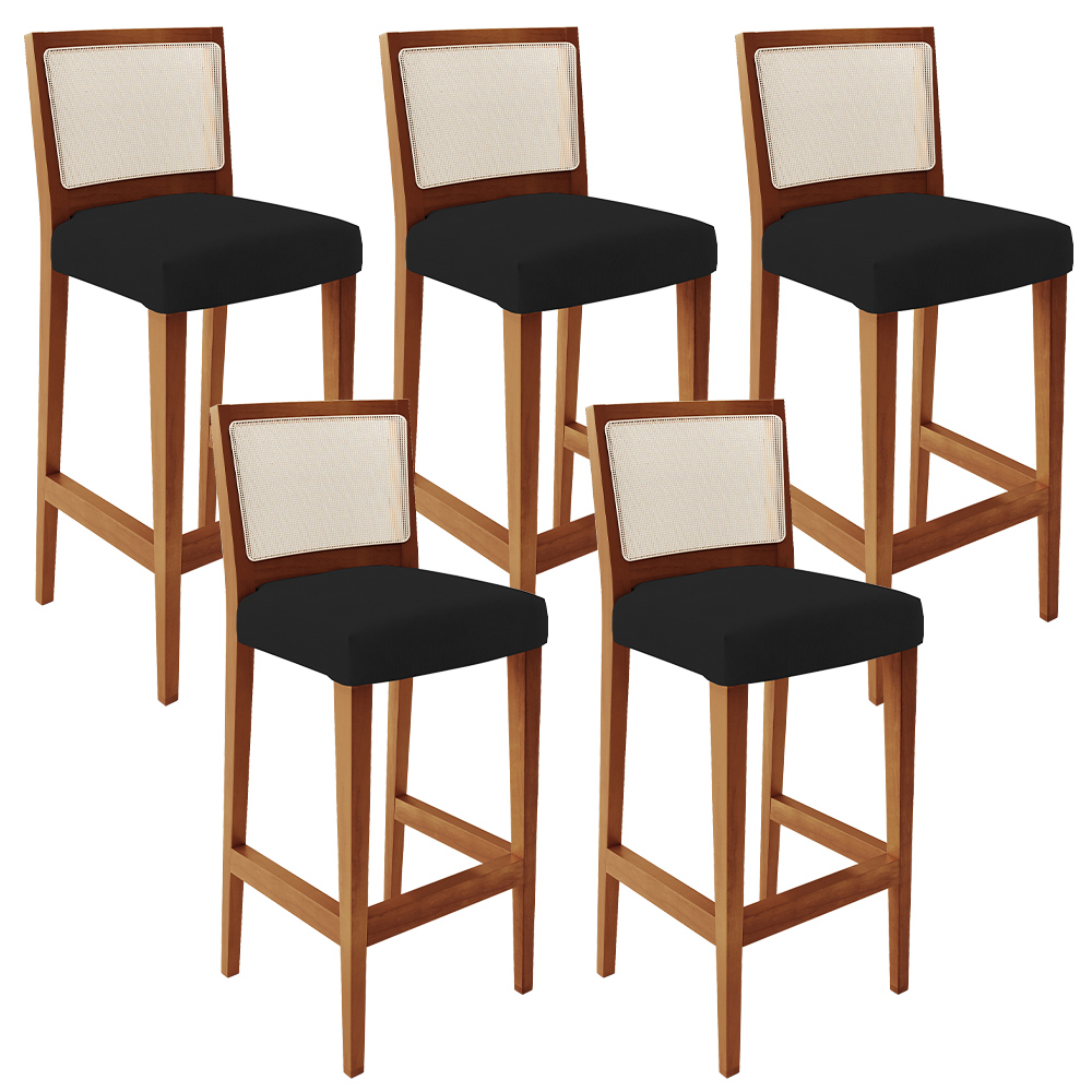 Kit 05 Banquetas Altas Cozinha Sala De Jantar Encosto Tela Branco Zion L02 Facto Preto - Lyam Decor