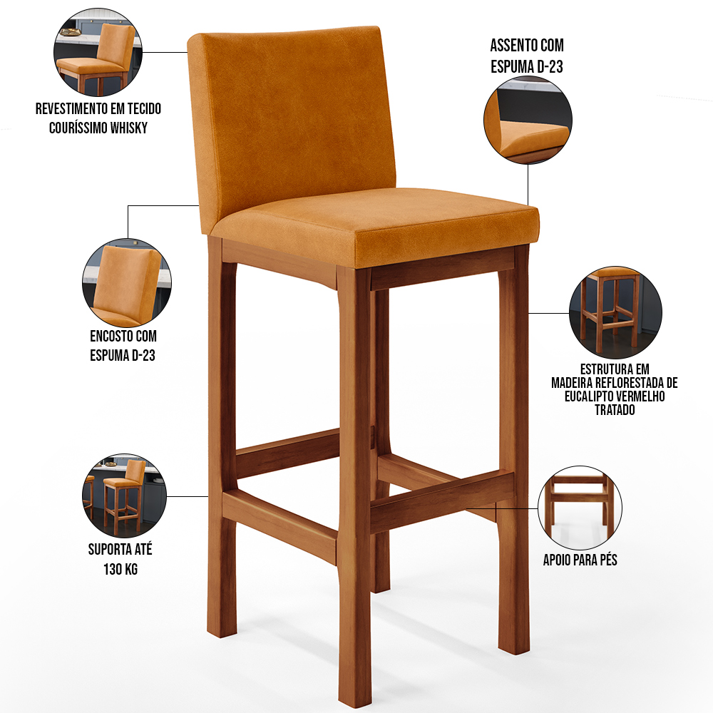 Kit 05 Banquetas Altas Para Cozinha Sala De Jantar Fixa Alya L02 Couríssimo Whisky - Lyam Decor