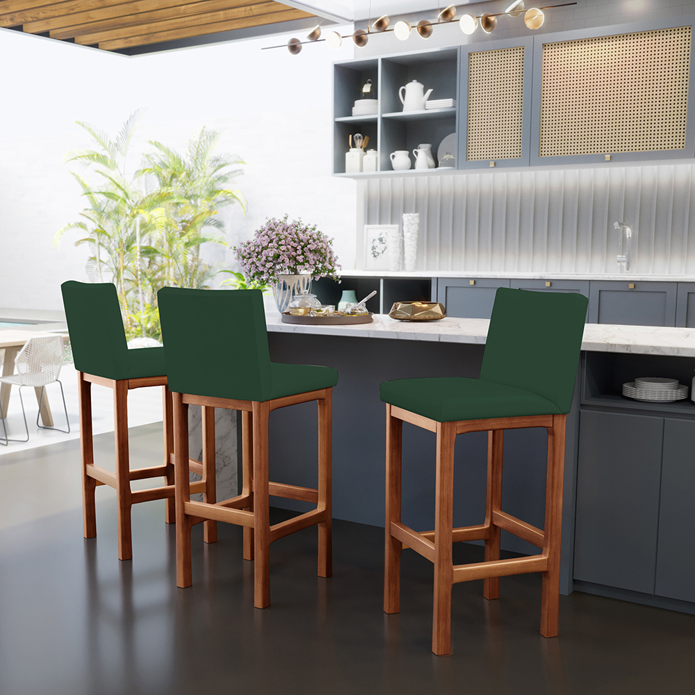 Kit 05 Banquetas Altas Para Cozinha Sala De Jantar Fixa Alya L02 Suede Verde Musgo - Lyam Decor