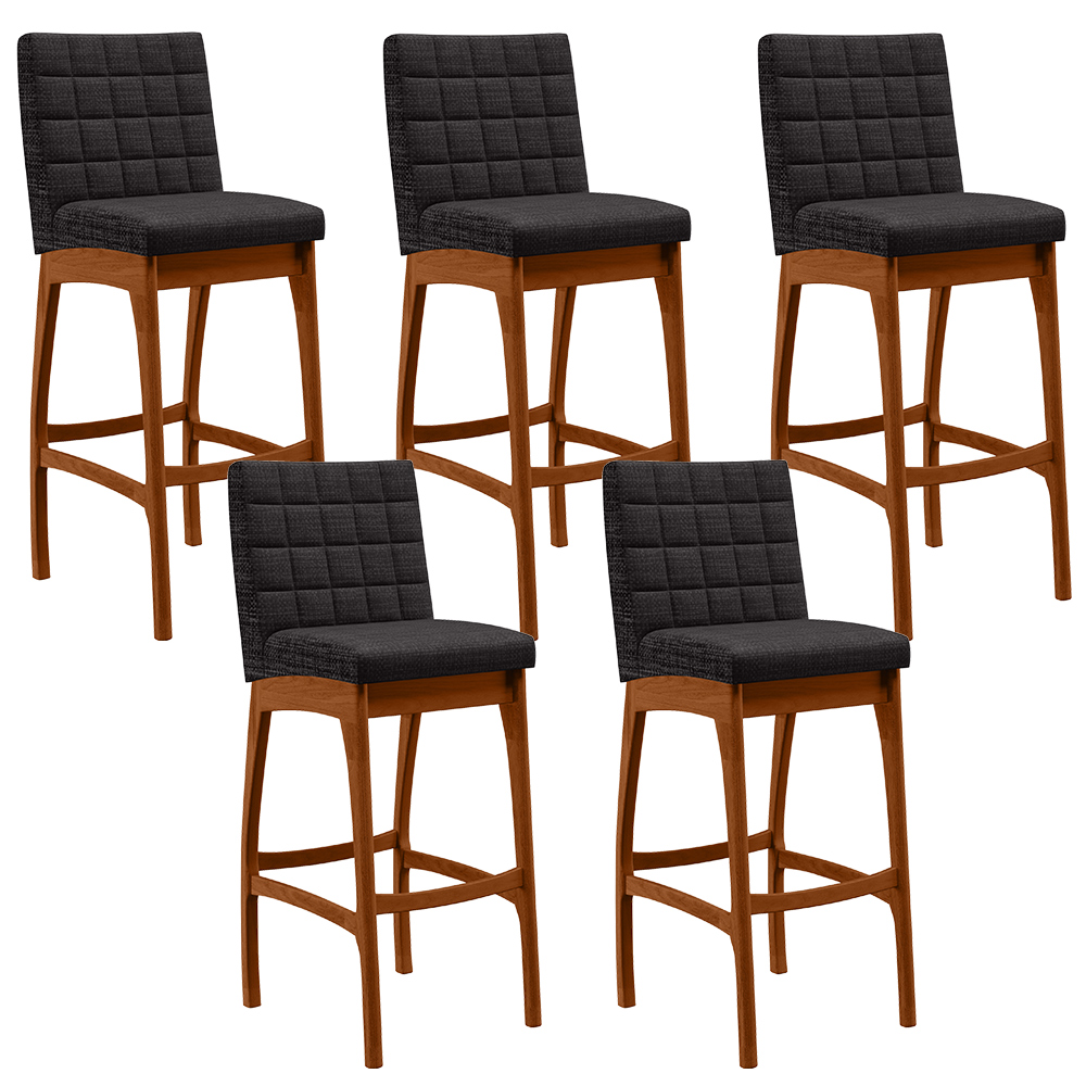 Kit 05 Banquetas Altas Para Cozinha Sala de Jantar Fixa Mila B04 Linho Chumbo - Lyam Decor