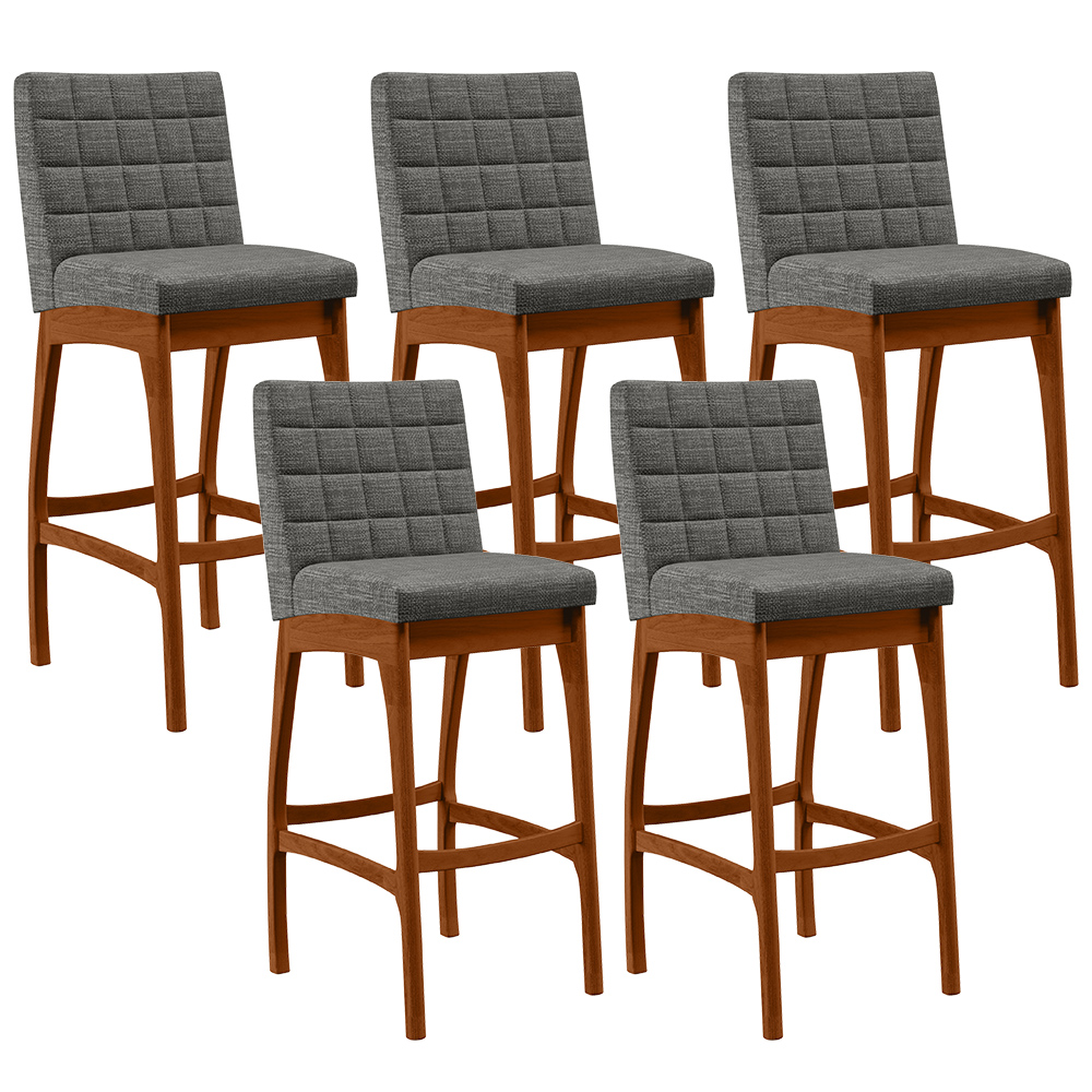 Kit 05 Banquetas Altas Para Cozinha Sala de Jantar Fixa Mila B04 Linho Cinza Escuro - Lyam Decor