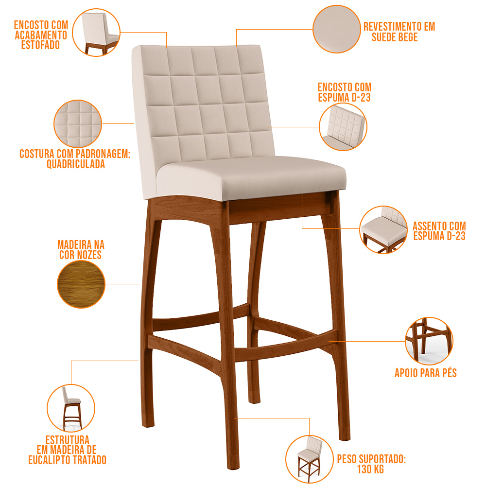 Kit 05 Banquetas Altas Para Cozinha Sala de Jantar Fixa Mila B04 Suede Bege - Lyam Decor