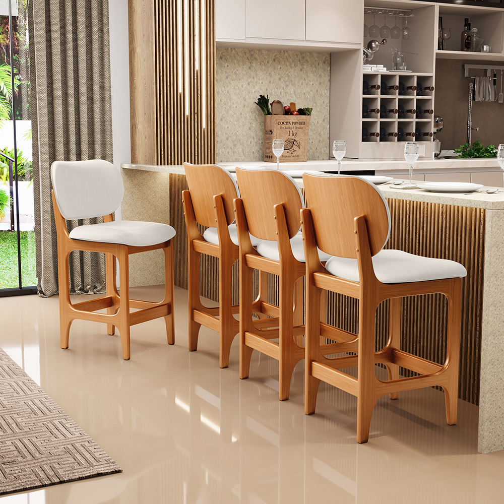 Kit 05 Banquetas Baixa Bar Cozinha E Sala De Jantar Fixa Betta L02 Imbuia Linho Cru - Lyam Decor