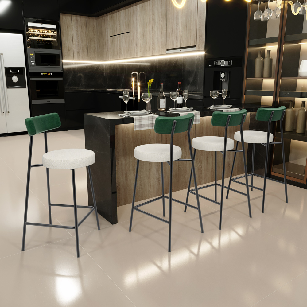 Kit 05 Banquetas Baixa Bar Cozinha E Sala Jantar Milão L02 Facto Verde Linho Champagne - Lyam Decor