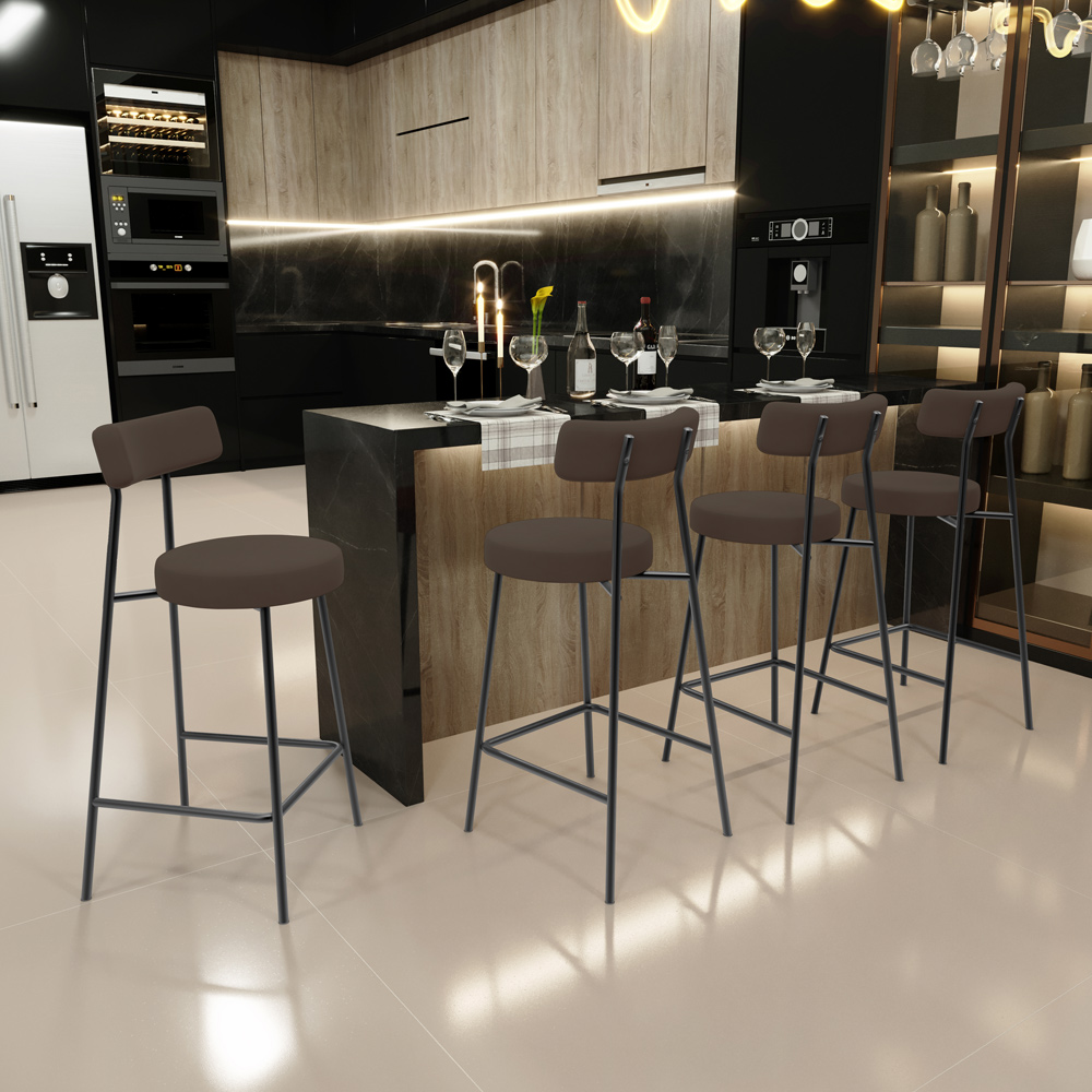 Kit 05 Banquetas Baixa Bar Cozinha Sala De Jantar Em Aço Milão L02 Suede Marrom - Lyam Decor