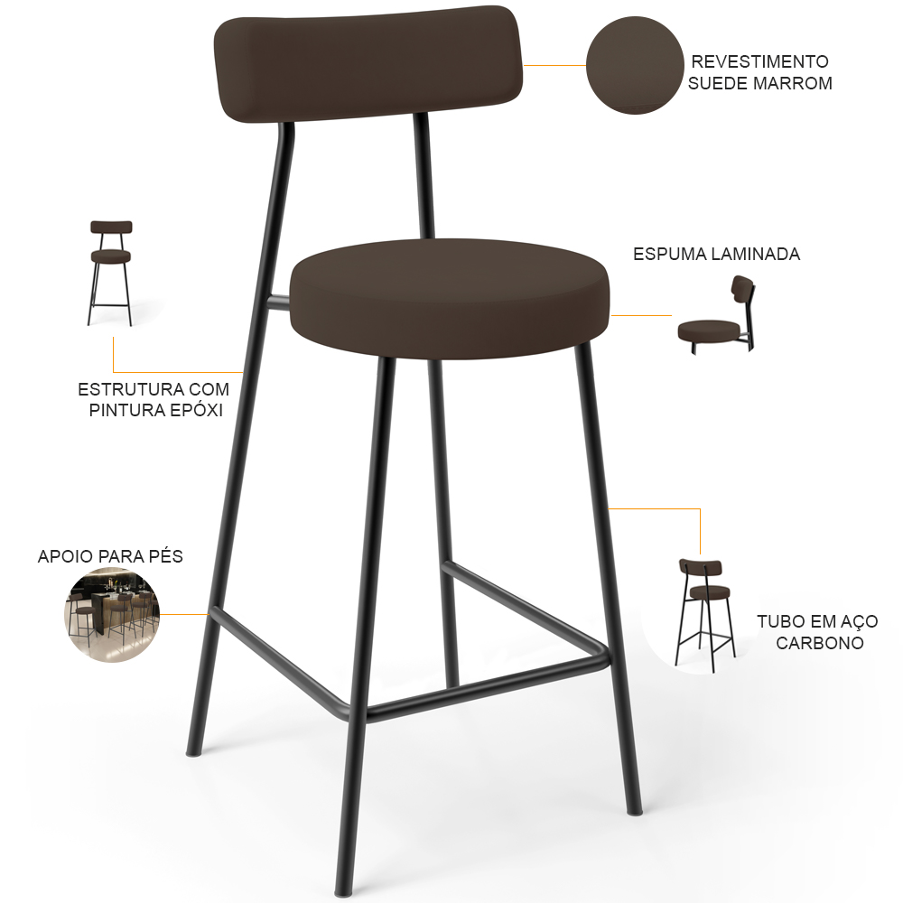 Kit 05 Banquetas Baixa Bar Cozinha Sala De Jantar Em Aço Milão L02 Suede Marrom - Lyam Decor