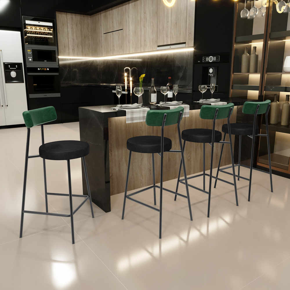 Kit 05 Banquetas Baixa Bar Cozinha Sala De Jantar Milão L02 Facto Verde Musgo Preto - Lyam Decor