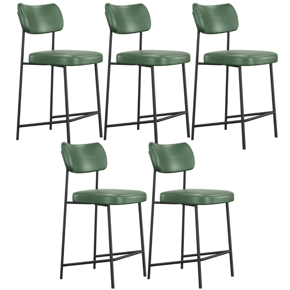 Kit 05 Banquetas Baixa Bar Cozinha Sala De Jantar Preto Elira L02 Couríssimo Verde - Lyam Decor