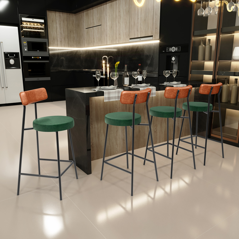 Kit 05 Banquetas Baixa Cozinha Sala Jantar Bancada Milão L02 Couríssimo Camel Verde - Lyam Decor