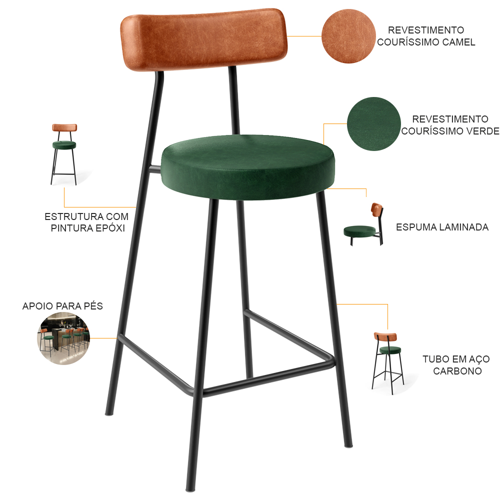 Kit 05 Banquetas Baixa Cozinha Sala Jantar Bancada Milão L02 Couríssimo Camel Verde - Lyam Decor