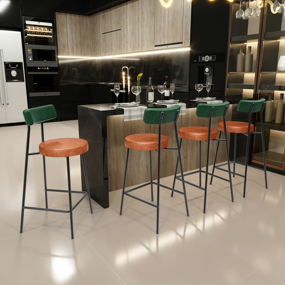Kit 05 Banquetas Baixa Cozinha Sala Jantar Bancada Milão L02 Facto Verde Camel  - Lyam Decor