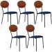 Kit 05 Cadeiras Estofada Para Sala de Jantar Azuri Preto C01 Linho Azul Courino Caramelo  - Lyam Decor