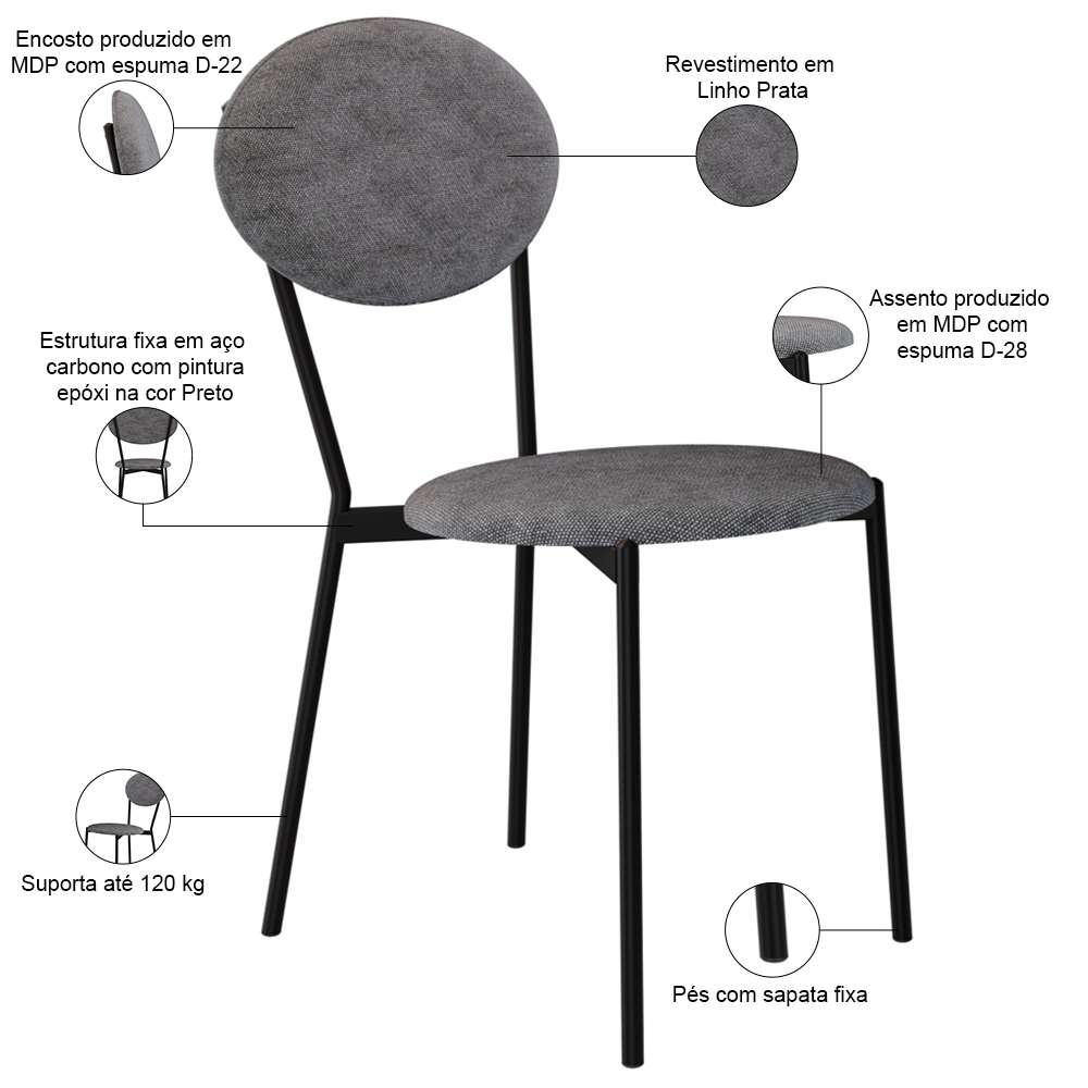 Kit 05 Cadeiras Estofada Para Sala de Jantar Azuri Preto C01 Linho Prata - Lyam Decor
