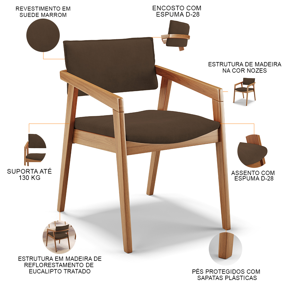 Kit 05 Cadeiras Para Sala de Jantar Estar Living Giorgia L02 Suede Marrom - Lyam Decor