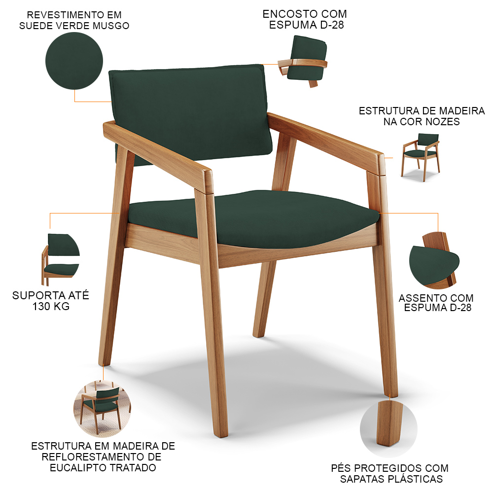 Kit 05 Cadeiras Para Sala de Jantar Estar Living Giorgia L02 Suede Verde Musgo - Lyam Decor