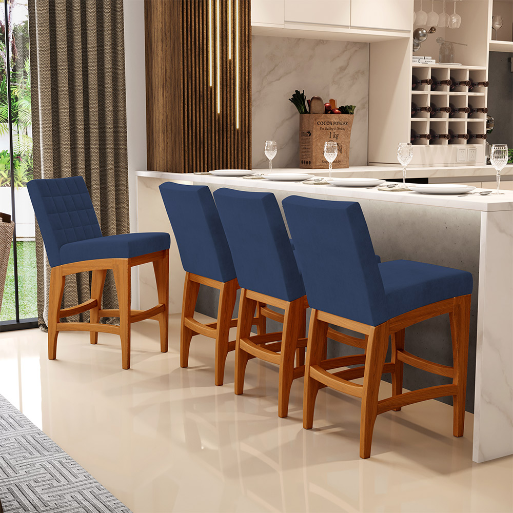 Kit 06 Banqueta Baixa Cozinha Bancada Bar Sala Jantar Fixa Mila L02 Suede Azul Marinho - Lyam Decor