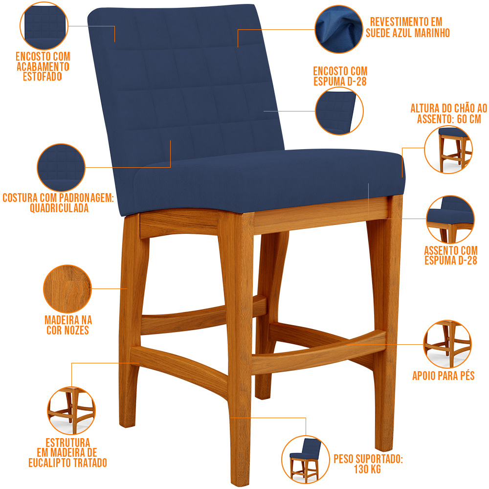 Kit 06 Banqueta Baixa Cozinha Bancada Bar Sala Jantar Fixa Mila L02 Suede Azul Marinho - Lyam Decor