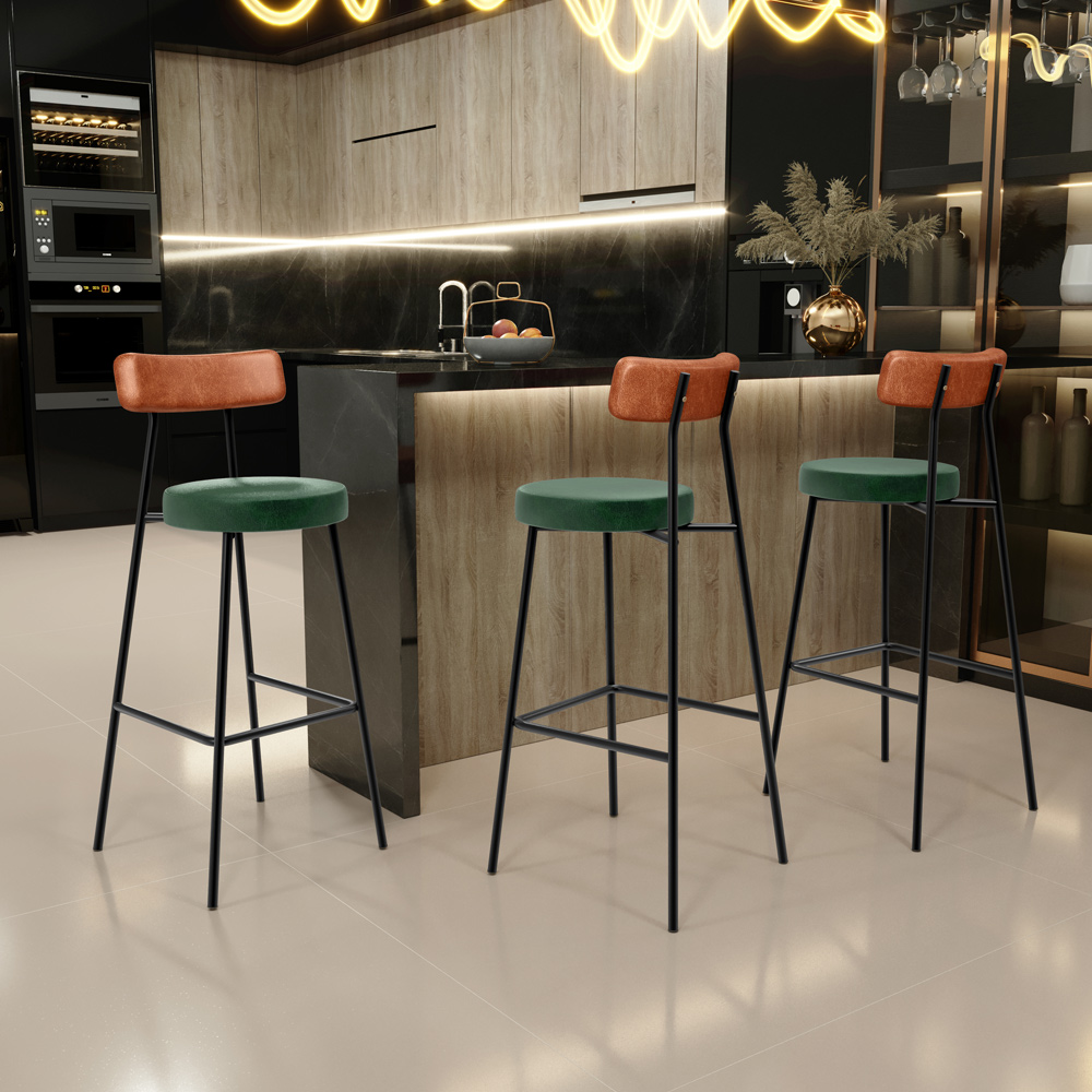 Kit 06 Banquetas Alta Bar Cozinha Sala Jantar Milão L02 Couríssimo Camel Facto Verde - Lyam Decor