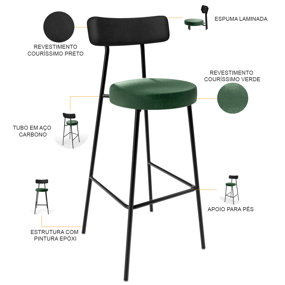 Kit 06 Banquetas Alta Bar Cozinha Sala Jantar Milão L02 Couríssimo Preto Facto Verde - Lyam Decor