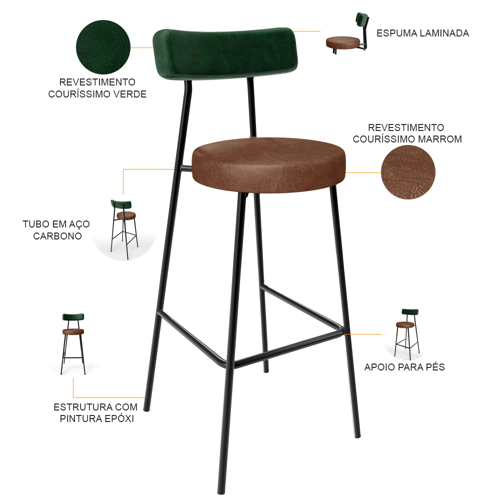 Kit 06 Banquetas Alta Cozinha Sala De Jantar Milão L02 Facto Verde Couríssimo Marrom - Lyam Decor