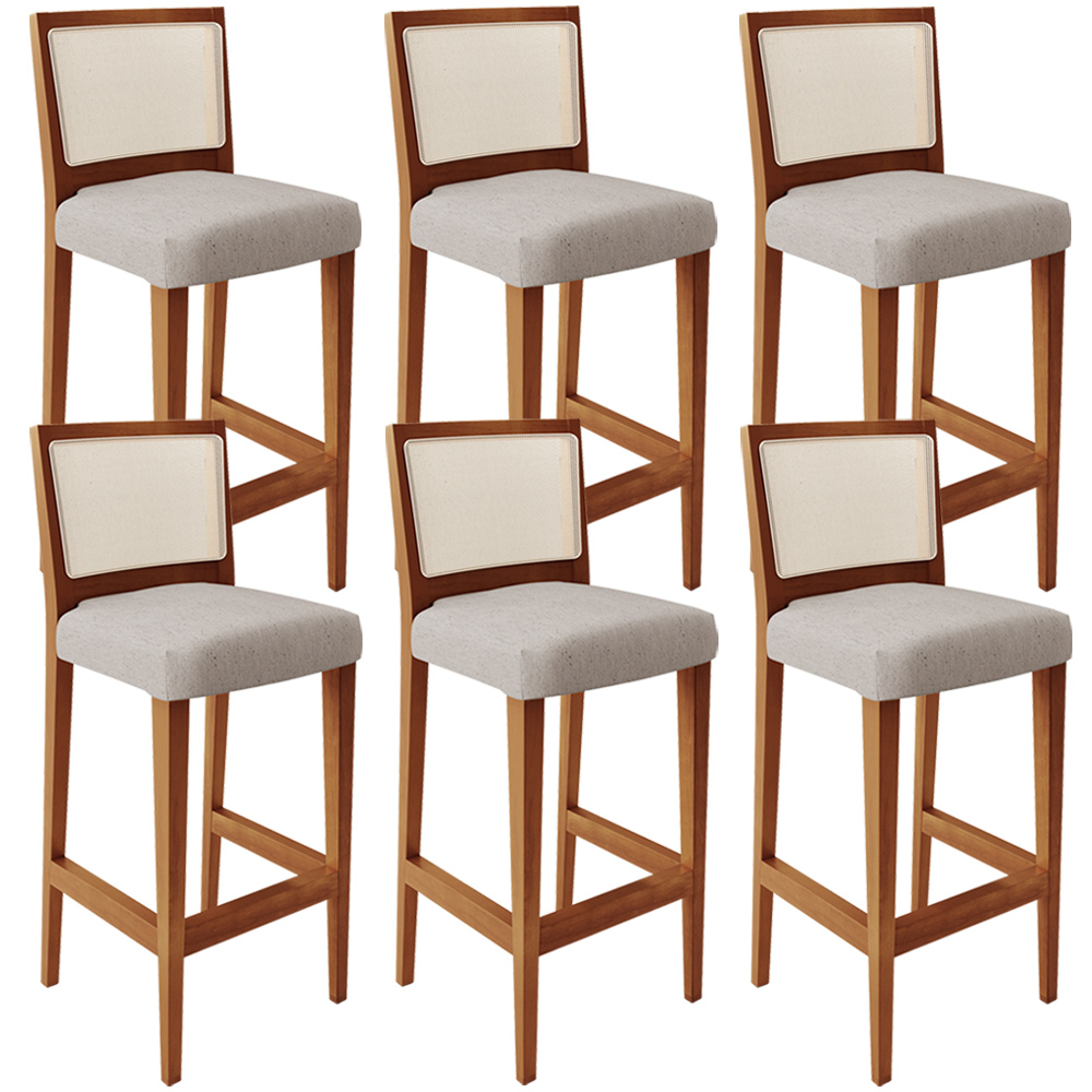 Kit 06 Banquetas Alta Para Cozinha Encosto em Tela Branco Zion L02 Linho Bege - Lyam Decor