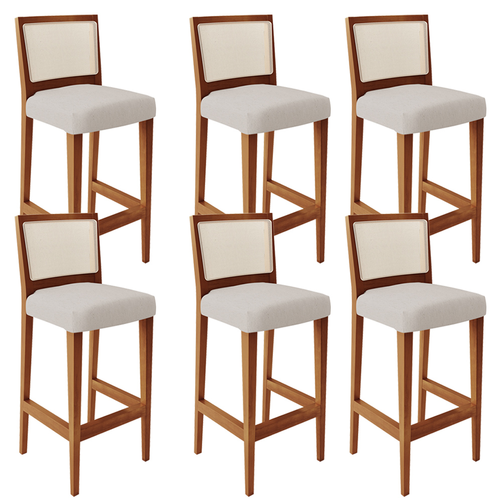 Kit 06 Banquetas Alta Para Cozinha Encosto em Tela Branco Zion L02 Linho Cru - Lyam Decor