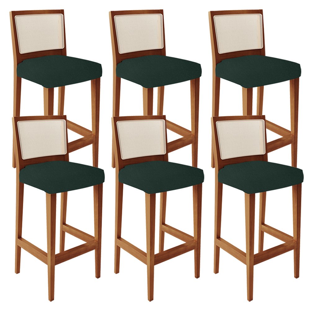 Kit 06 Banquetas Alta Para Cozinha Encosto em Tela Branco Zion L02 Linho Verde Musgo - Lyam Decor