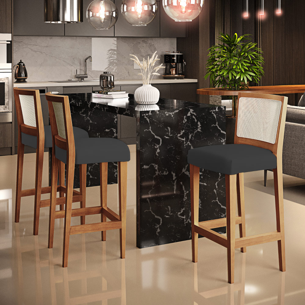 Kit 06 Banquetas Alta Para Cozinha Encosto em Tela Branco Zion L02 Suede Preto - Lyam Decor