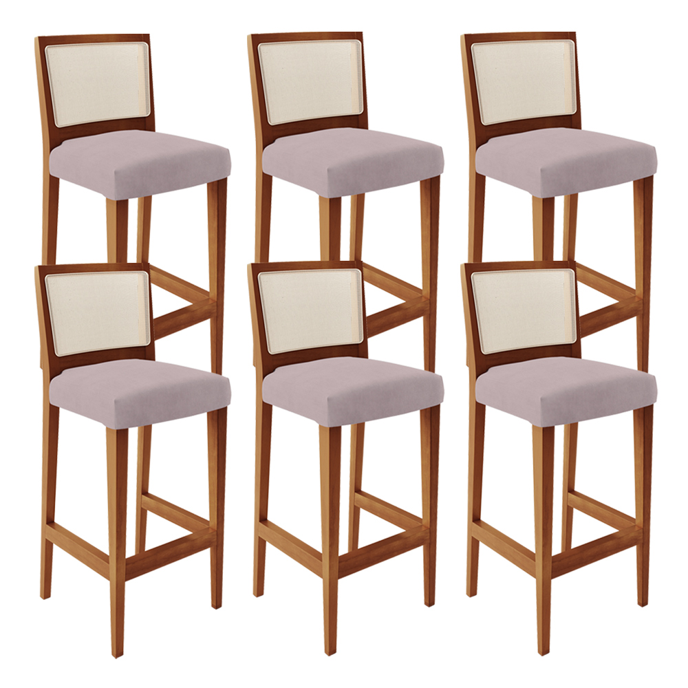 Kit 06 Banquetas Alta Para Cozinha Encosto em Tela Branco Zion L02 Suede Rosê - Lyam Decor