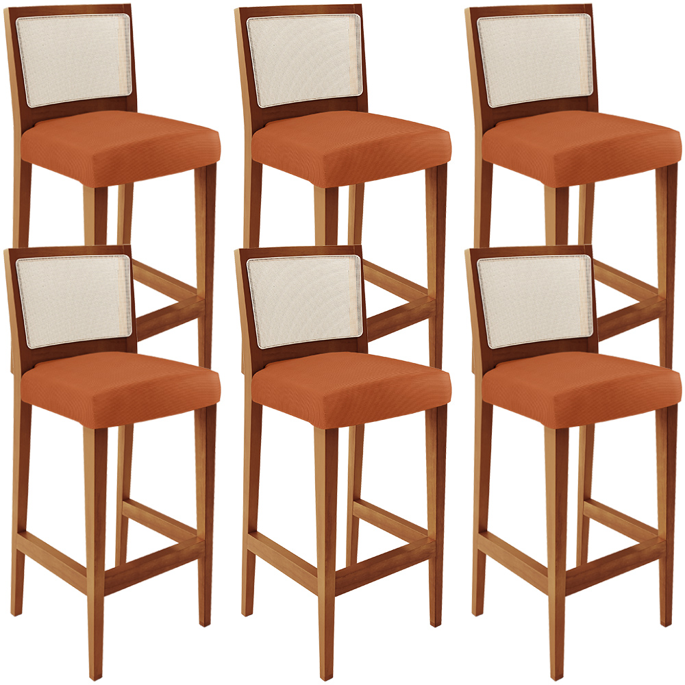 Kit 06 Banquetas Alta Para Cozinha Encosto em Tela Branco Zion L02 Tecido Terracota - Lyam Decor