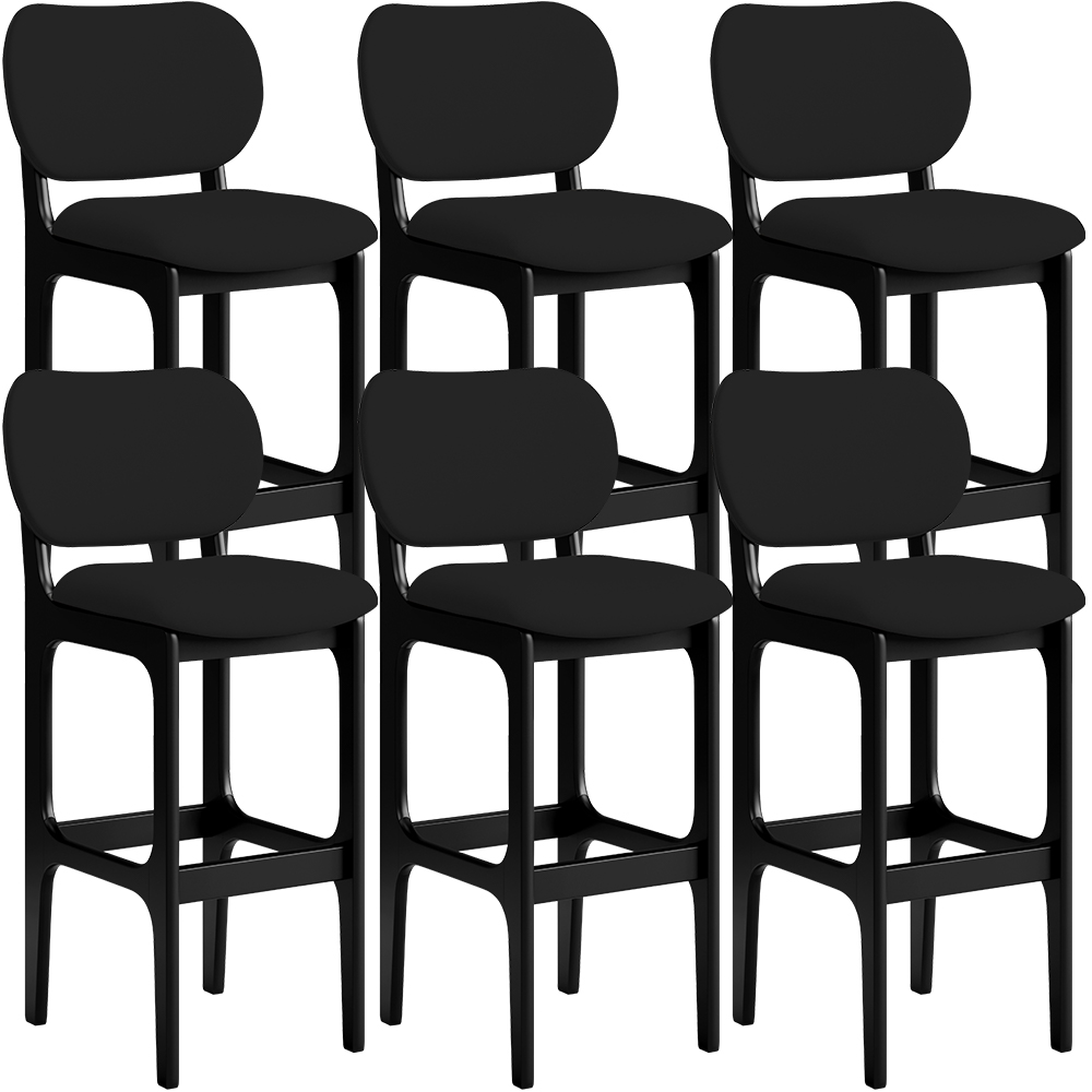 Kit 06 Banquetas Alta Para Cozinha Madeira Fixa Betta L02 Preto Facto Preto - Lyam Decor