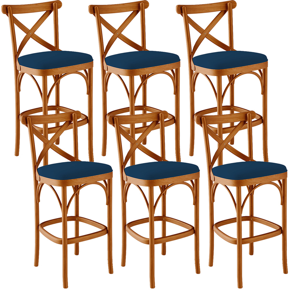 Kit 06 Banquetas Altas Cozinha Bancada Bar Sala Jantar Estofada Ávila L02 Suede Azul Marinho - Lyam