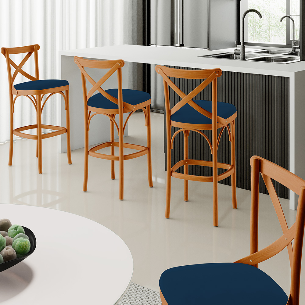 Kit 06 Banquetas Altas Cozinha Bancada Bar Sala Jantar Estofada Ávila L02 Suede Azul Marinho - Lyam